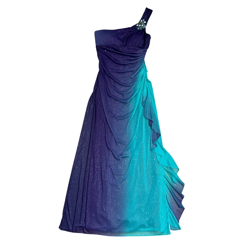 Vintage Ombre One Shoulder Purple Teal Evening Gown Dress Blondie Nites 9 fairy